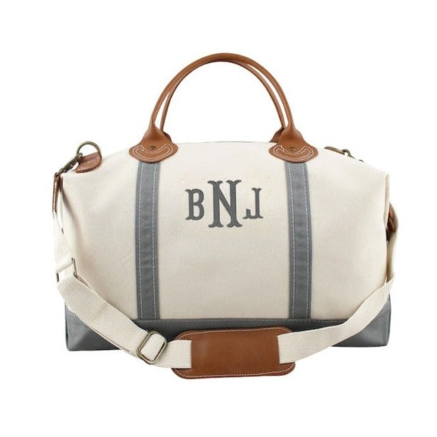 FOR outlets HER Monogrammed Large Duffle with Leather Trim - Gray & White Stripe with Leather Handles/Trim - Free Ship