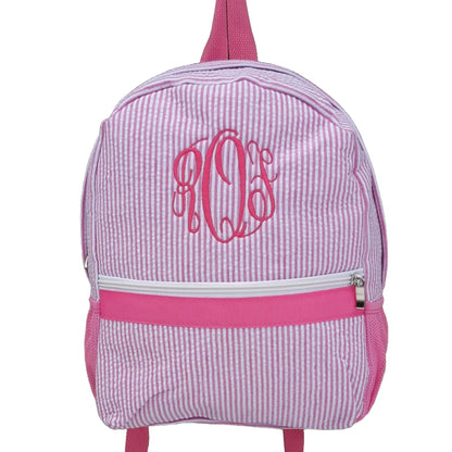 pink seersucker backpack child size with monogram, makes a great new born baby gift