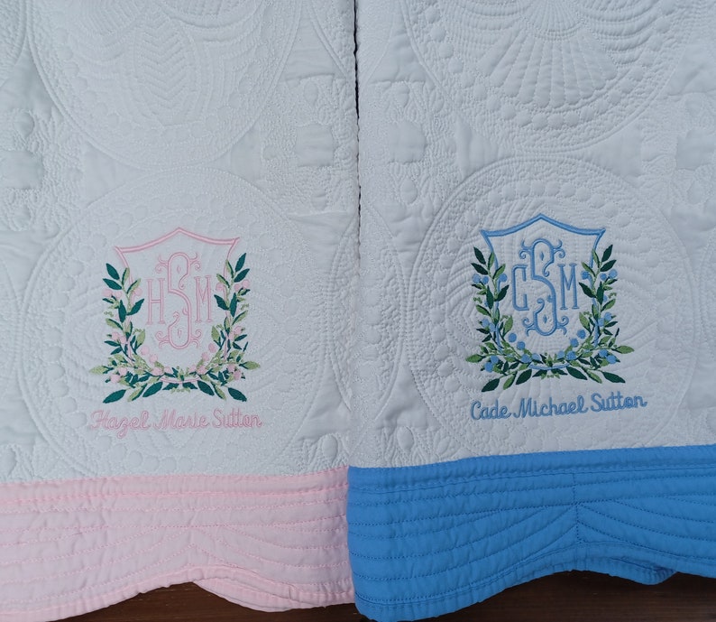 Personalized baby blanket Quilt, Heirloom quilt baby BOY quilt 2024 with monogram crest with dogs , Pblue and White quilt with personalization