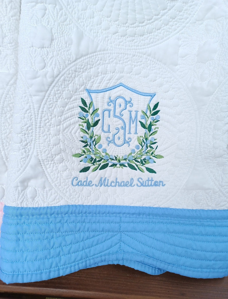 Personalized baby blanket Quilt, outlets Heirloom quilt baby BOY quilt with monogram crest with dogs , Pblue and White quilt with personalization