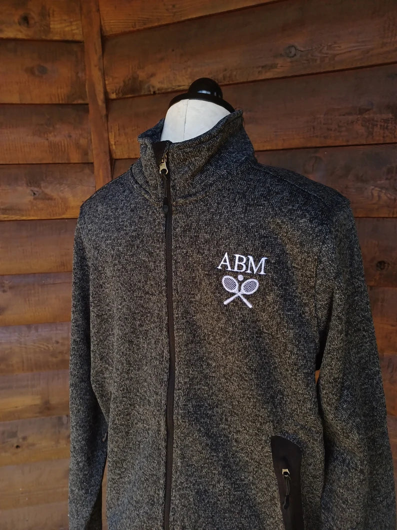 Men's Heathered Fleece Knit Sweater Jacket with Tennis Logo