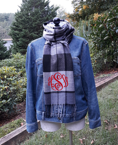 Embroidered Monogram Check Scarf